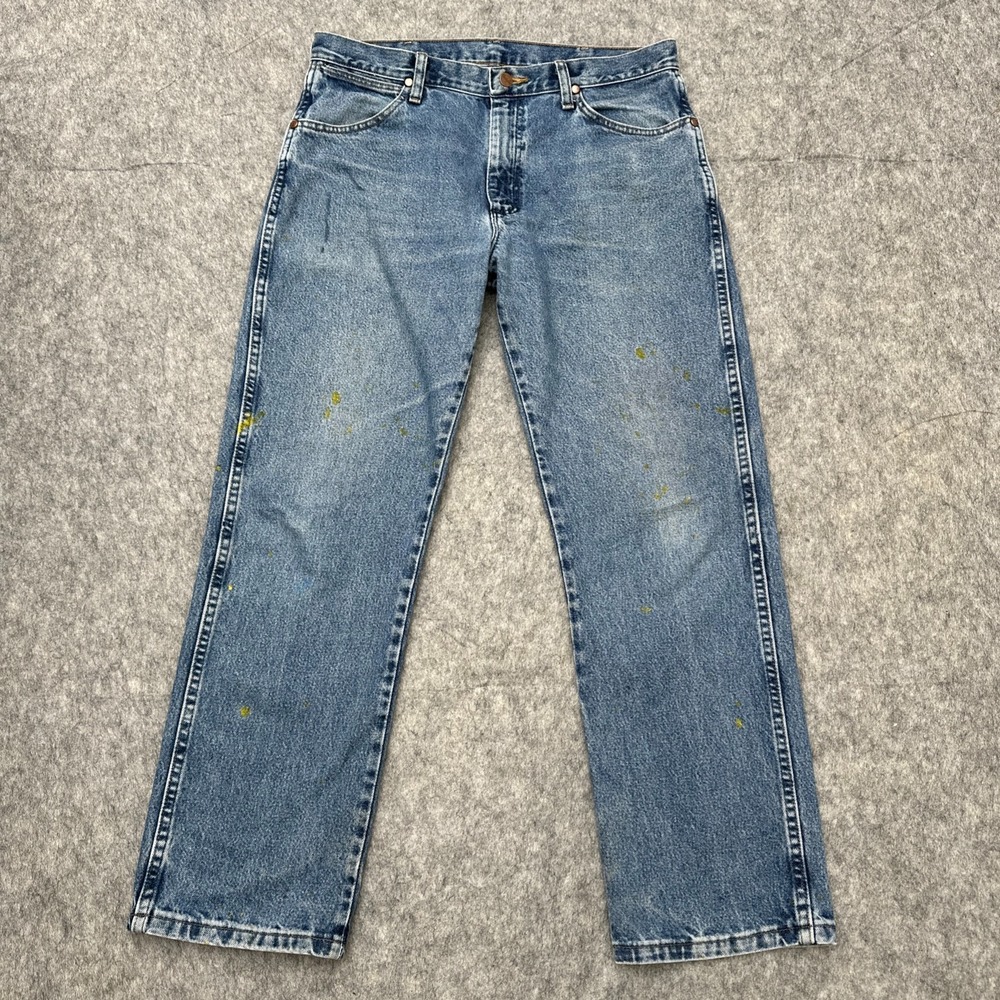 Vintage Wrangler Mens Jeans Size 33 x 30 Light Blue Wash with Painting Design